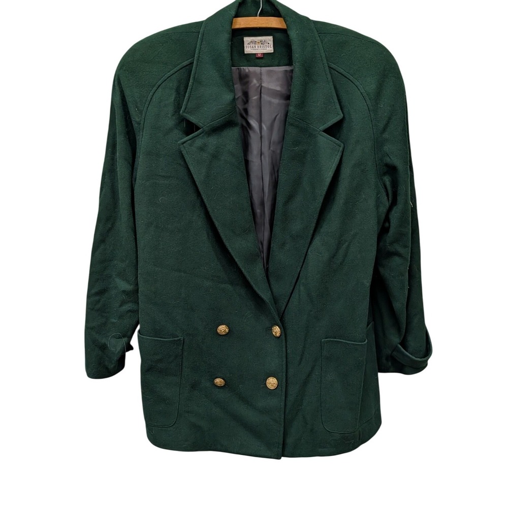 Vintage Susan Bristol Forest Green Merino Wool Blazer Gold Crest Buttons- 12